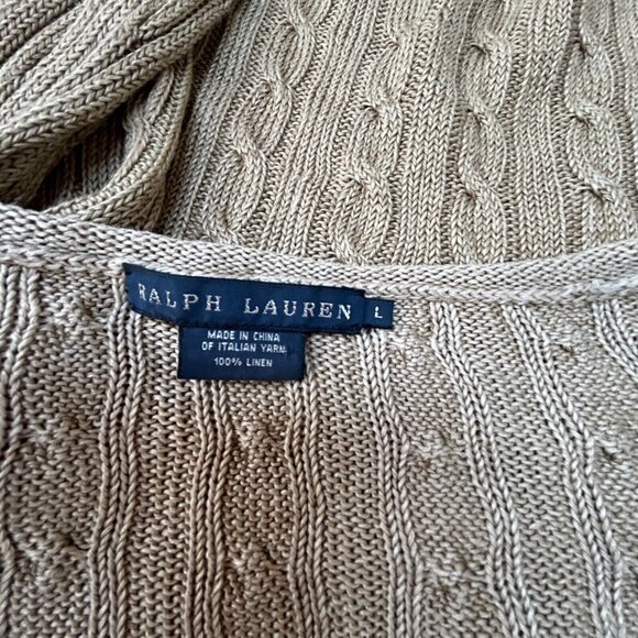 Ralph Lauren Women Italian Yarn Linen Cable-Knit V-Neck Sweater Large Tan Casual - Picture 3 of 8
